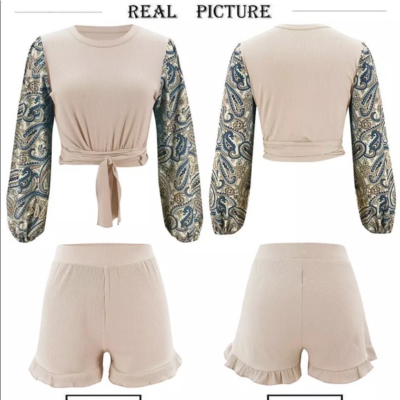 Top with Belt Ruffles Decor O-Neck Long Sleeve Print and high waist bottom - Picture 6 of 7